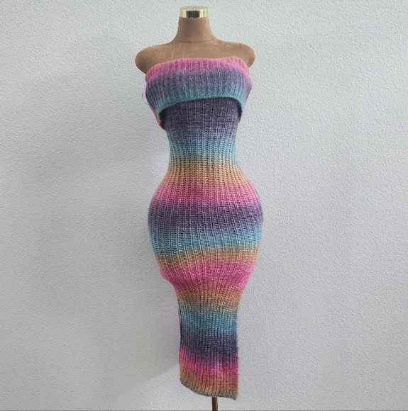 Multicolor Off-Shoulder Knit Dress - Picture 3 of 5